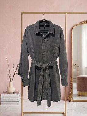 Washed Black Utility Shirt Dress with Tie Belt